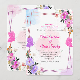 Whimsical Purple Pink Floral Rose Gold Wedding Inv Invitation