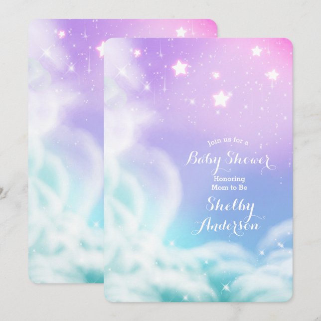 Whimsical Purple Pink Sparkle Clouds Baby Shower Invitation (Front/Back)