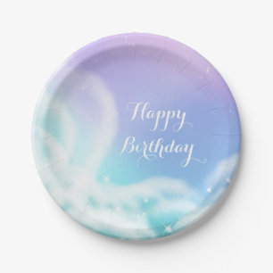 Whimsical Purple Pink Sparkle Clouds Baby Shower Paper Plate