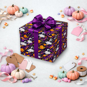 Whimsical Purple Space Ghost Pattern Wrapping Paper
