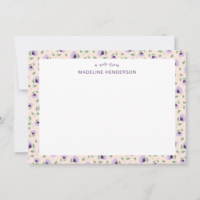 Whimsical Purple Sunflowers Light Pink Monogram Card (Front)