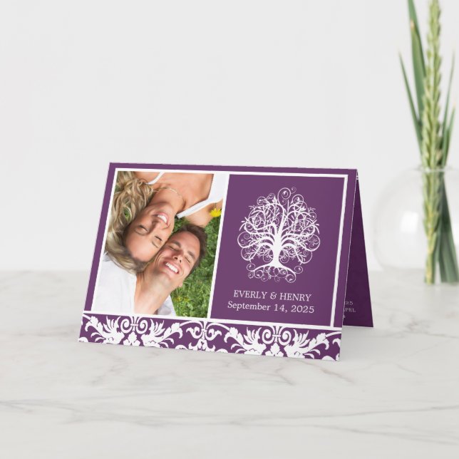 Whimsical Purple Swirl Tree 2 Photo Wedding  Invitation (Front)