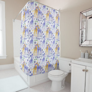 Whimsical Purple Teal Yellow Giraffes Pattern Shower Curtain