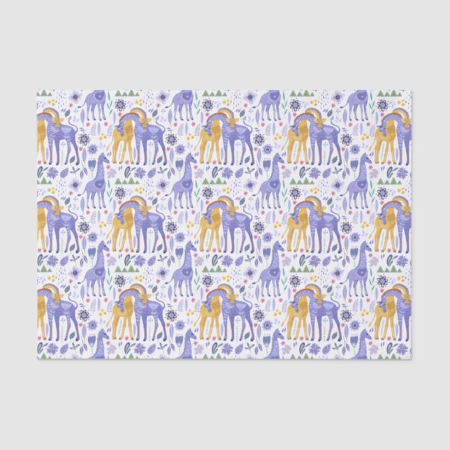 Whimsical Purple Teal Yellow Giraffes Pattern Tissue Paper (Front)