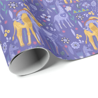 Whimsical Purple Teal Yellow Giraffes Pattern Wrapping Paper