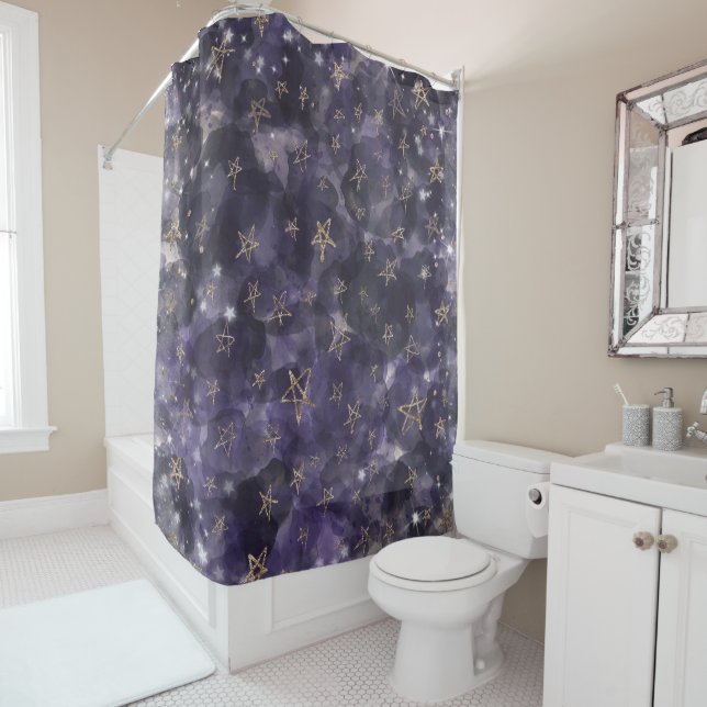 Whimsical Purple Watercolor Gold Bronze Moon Stars Shower Curtain (In Situ)