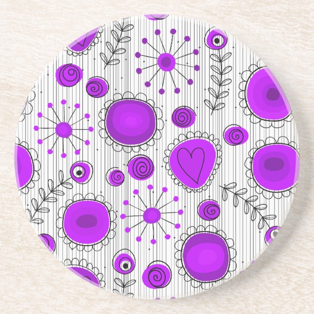 Whimsical purple white hearts and flowers floral coaster (Front)
