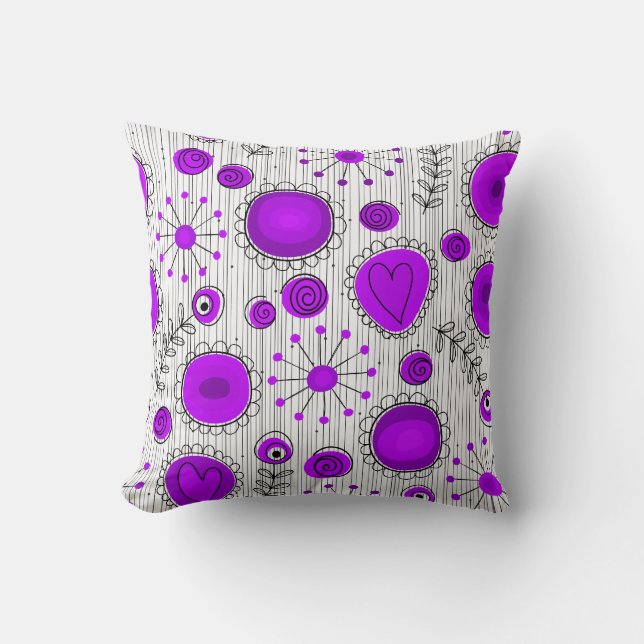 Whimsical purple white hearts and flowers floral cushion (Front)