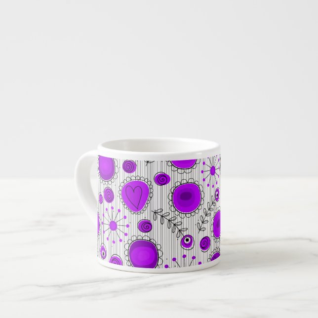 Whimsical purple white hearts and flowers floral espresso cup (Front Left)