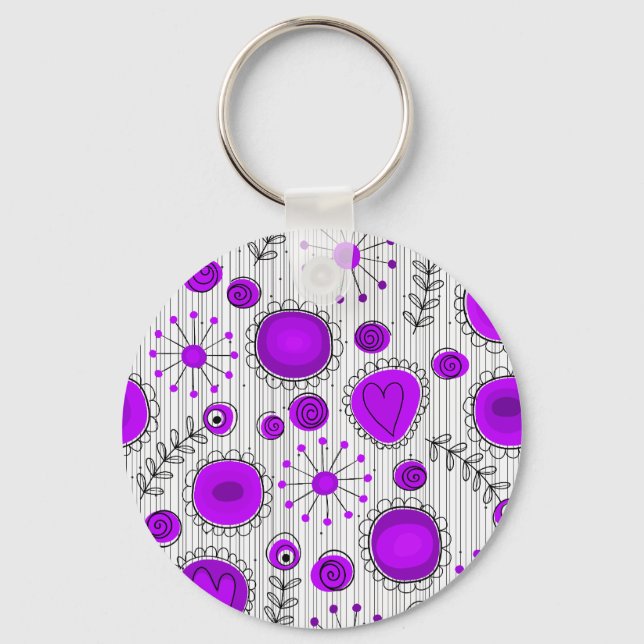 Whimsical purple white hearts and flowers floral key ring (Front)