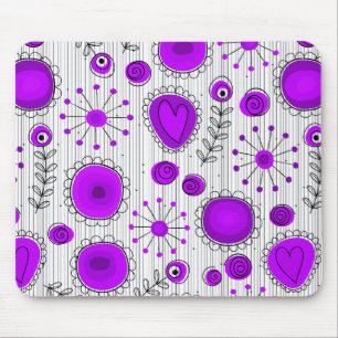 Whimsical purple white hearts and flowers floral mouse mat
