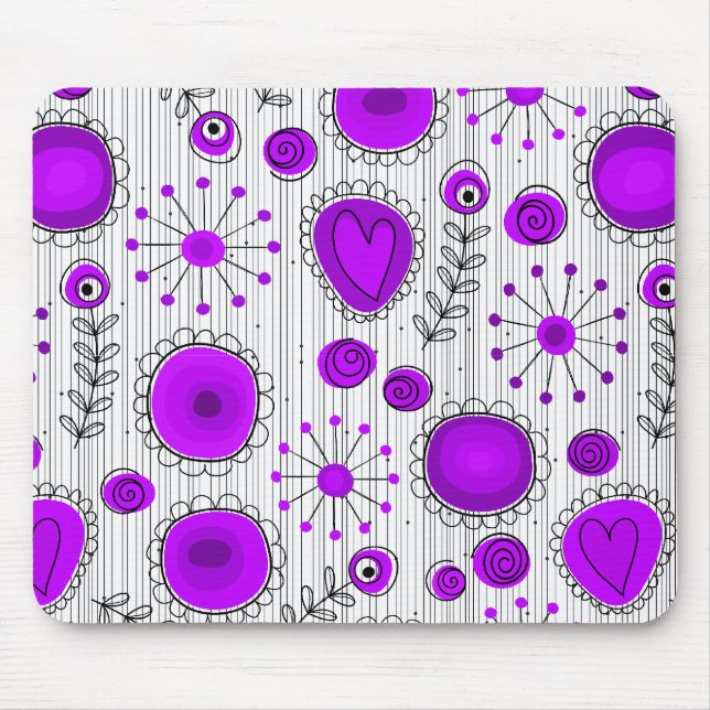 Whimsical purple white hearts and flowers floral mouse mat (Front)
