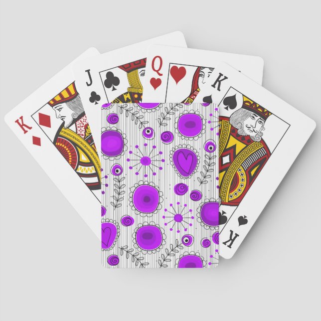 Whimsical purple white hearts and flowers floral playing cards (Back)