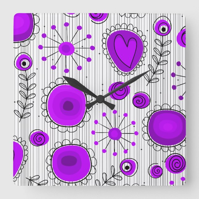 Whimsical purple white hearts and flowers floral square wall clock (Front)