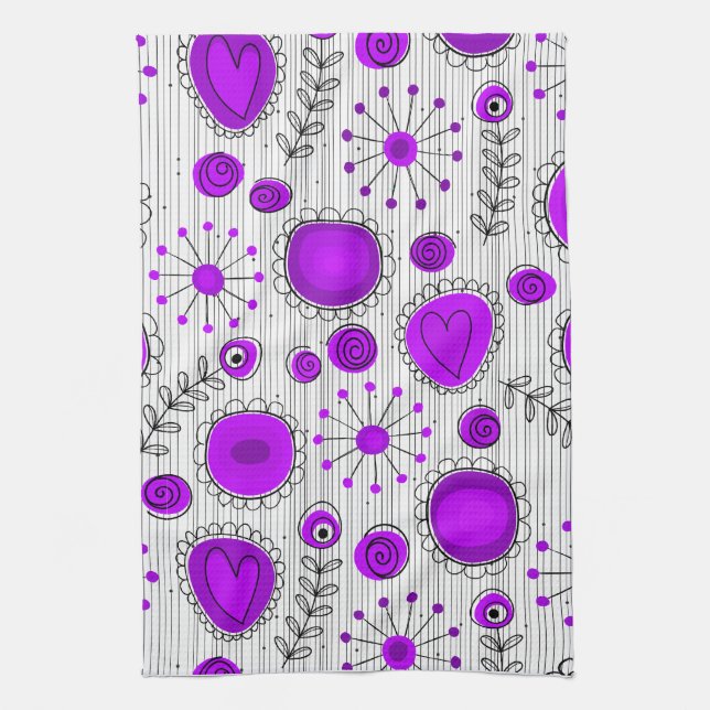 Whimsical purple white hearts and flowers floral tea towel (Vertical)