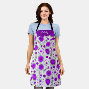 Whimsical purple white hearts flowers floral name apron