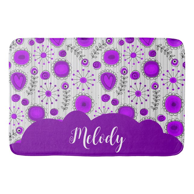 Whimsical purple white hearts flowers floral name bath mat (Front)