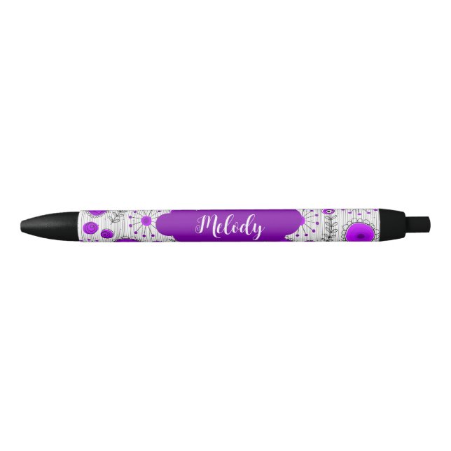 Whimsical purple white hearts flowers floral name black ink pen (Front)
