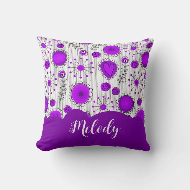 Whimsical purple white hearts flowers floral name cushion (Front)
