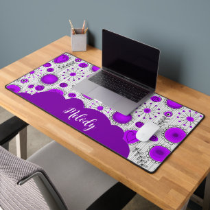 Whimsical purple white hearts flowers floral name desk mat