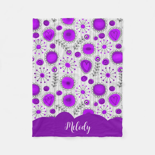 Whimsical purple white hearts flowers floral name fleece blanket (Front)