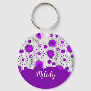 Whimsical purple white hearts flowers floral name key ring