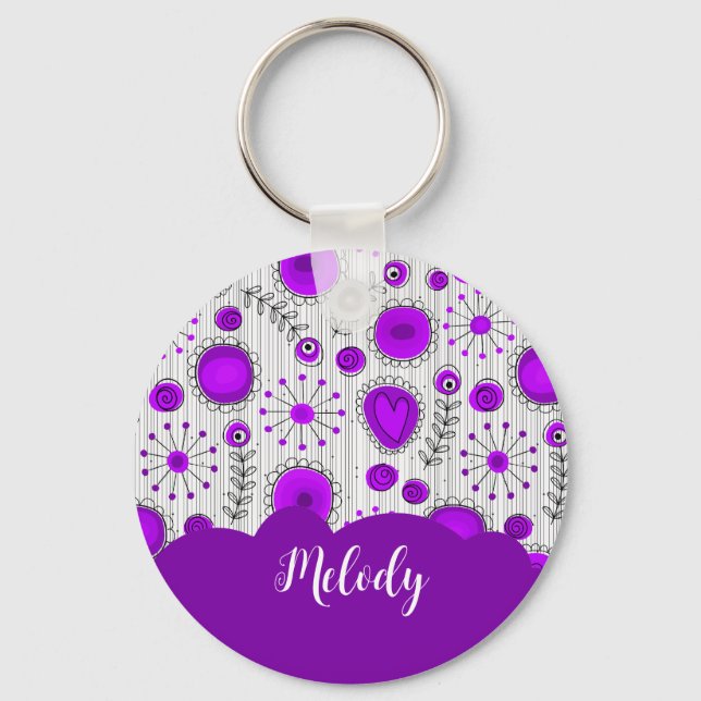 Whimsical purple white hearts flowers floral name key ring (Front)