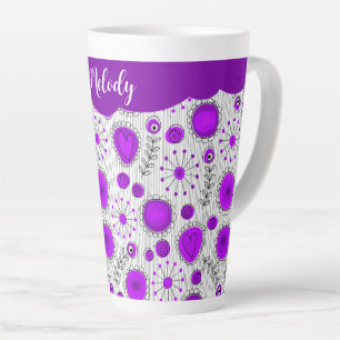 Whimsical purple white hearts flowers floral name latte mug
