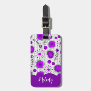 Whimsical purple white hearts flowers floral name luggage tag