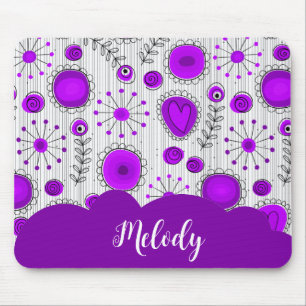 Whimsical purple white hearts flowers floral name mouse mat