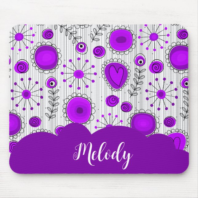 Whimsical purple white hearts flowers floral name mouse mat (Front)