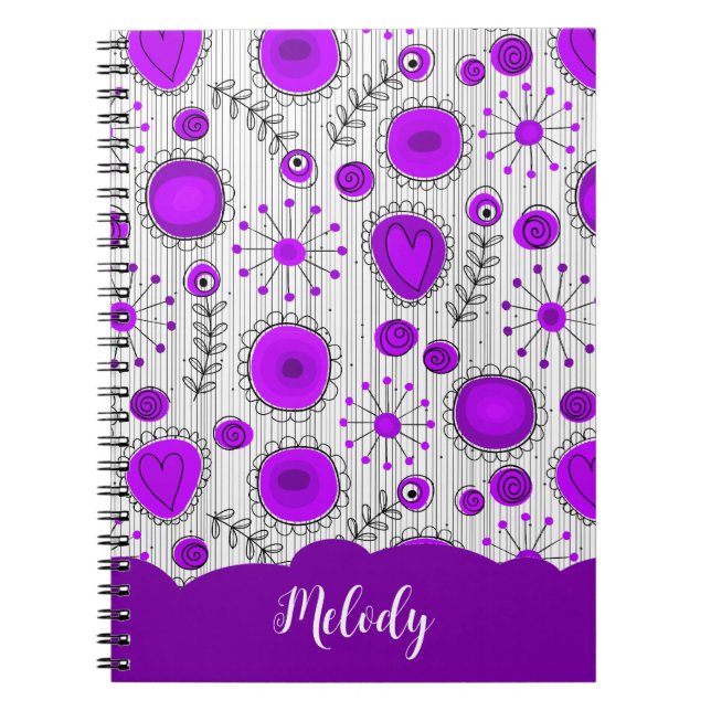 Whimsical purple white hearts flowers floral name notebook (Front)