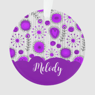 Whimsical purple white hearts flowers floral name ornament