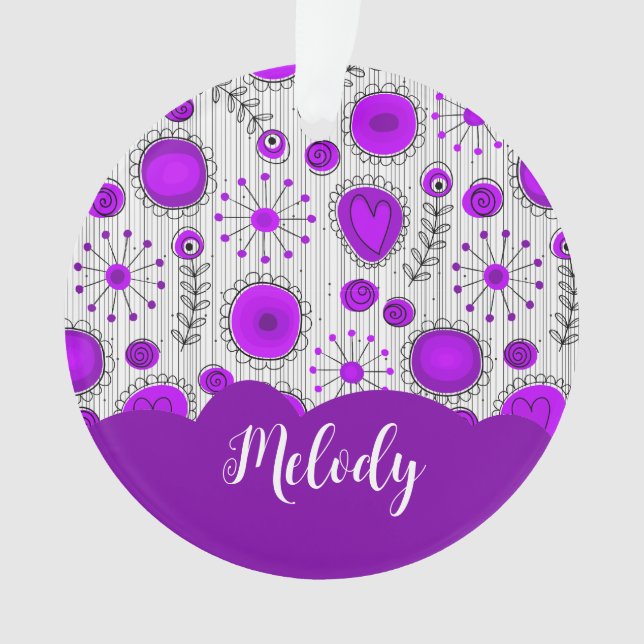 Whimsical purple white hearts flowers floral name ornament (Front)