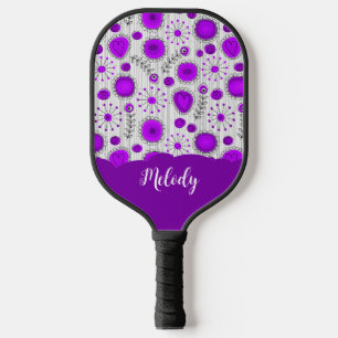 Whimsical purple white hearts flowers floral name pickleball paddle