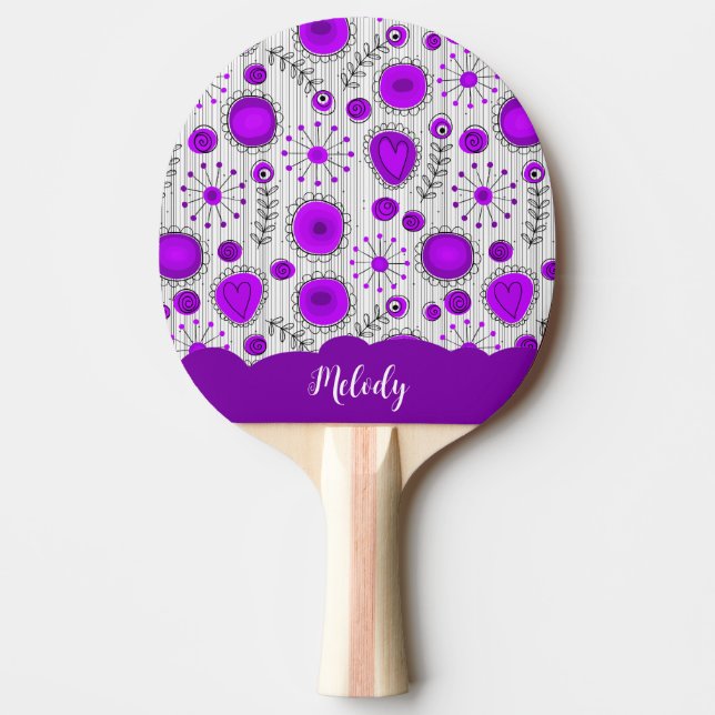 Whimsical purple white hearts flowers floral name ping pong paddle (Front)