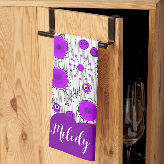 Whimsical purple white hearts flowers floral name tea towel (Thirds Fold)