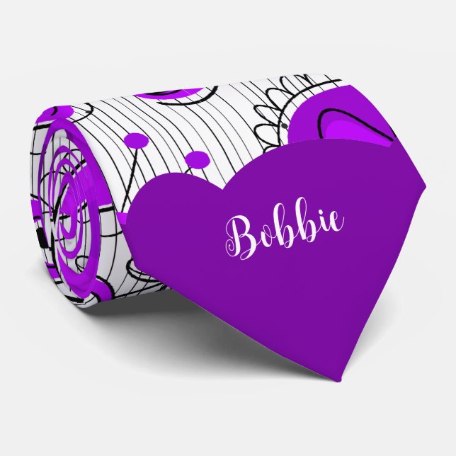 Whimsical purple white hearts flowers floral name tie (Rolled)