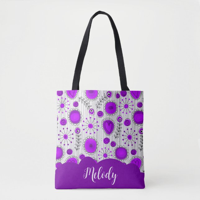 Whimsical purple white hearts flowers floral name tote bag (Front)