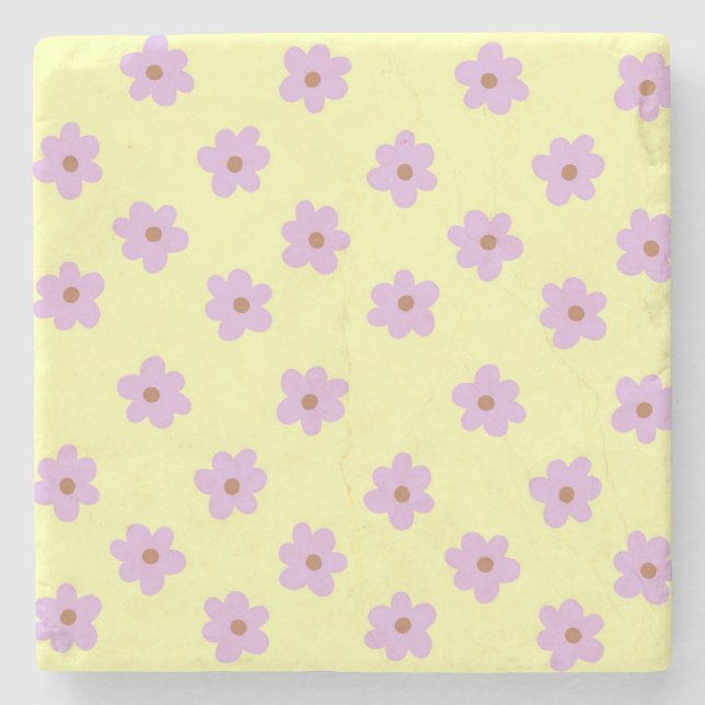 Whimsical Purple & Yellow Floral Retro Cheerful Stone Coaster (Front)