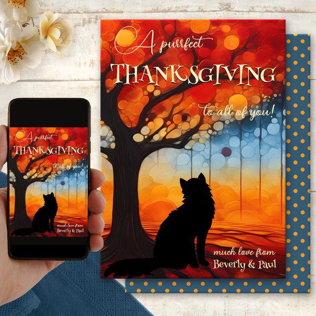 Whimsical Purrfect Cat Thanksgiving Holiday Card (A fun artistic Thanksgiving card with a kitty cat looking up at a tree with colorful fall leaves)
