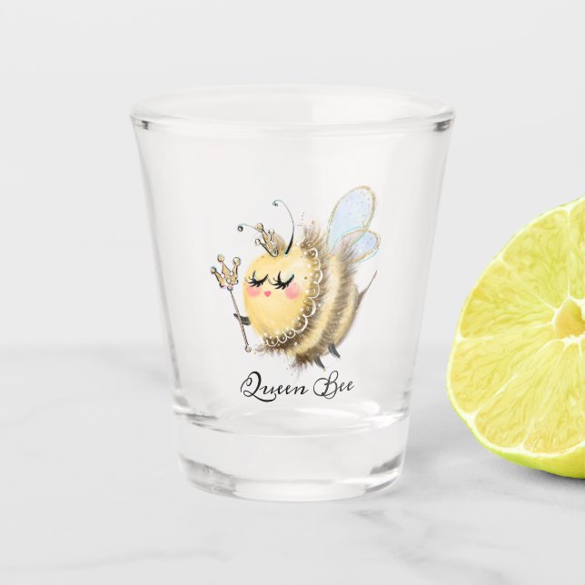 Whimsical Queen Bee with Crown and Wand Shot Glass (Front)