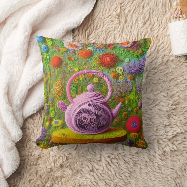 Whimsical Quilled Teapot Landscape  Cushion (Blanket)
