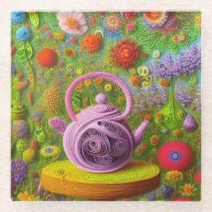 Whimsical Quilled Teapot Landscape Glass Coaster