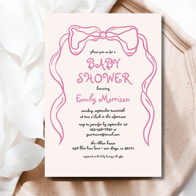 Whimsical Quirky Blush Pink Bow Baby Shower Invitation (Creator Uploaded)