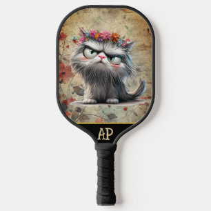 *~* Whimsical Quirky Cat AP68 Floral 2 PHOTO Pickleball Paddle
