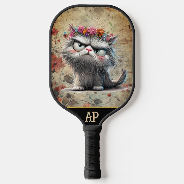 *~*  Whimsical Quirky Cat AP68 Floral 2  PHOTO Pickleball Paddle (Front)