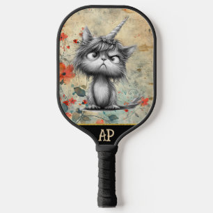 *~*  Whimsical Quirky Cat AP68 Floral 3  PHOTO Pickleball Paddle