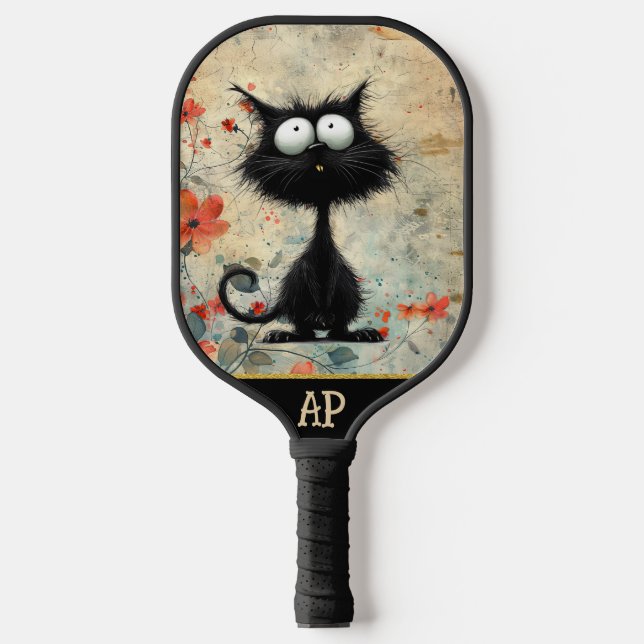 *~*  Whimsical Quirky Cat AP68 Floral 9  PHOTO Pickleball Paddle (Front)
