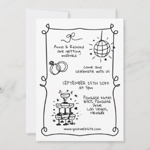 Whimsical Quirky Doodle Frame French Retro Wedding Invitation